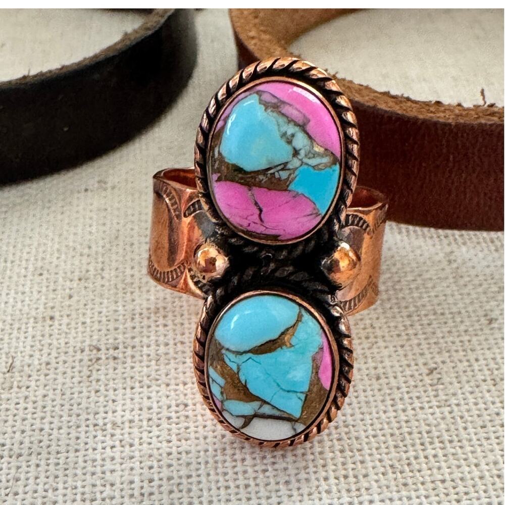 Cotton Candy Turquoise Copper Ring Adjustable Boho Western